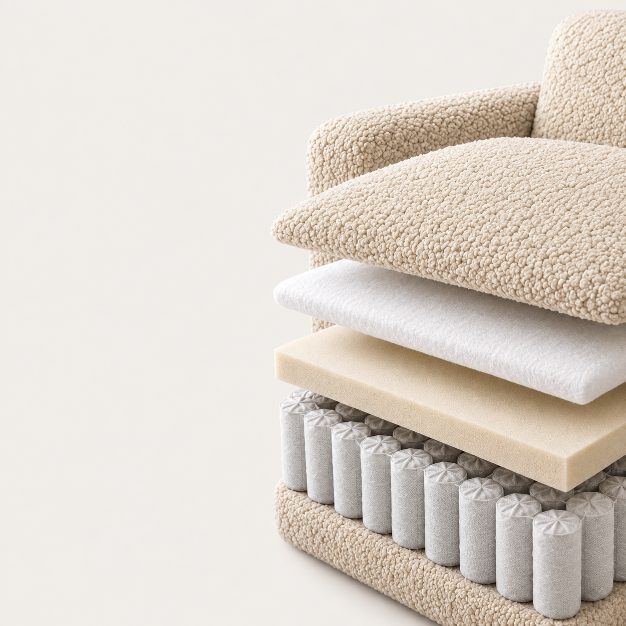 Couches du canapé BABY LUNA : corduroy chenille OEKO-TEX, coton, mousse mémoire de forme 35 kg/m³, ressorts ensachés