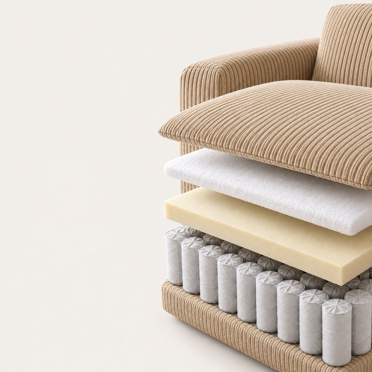 Couches d'un canapé SOFA GO : velours côtelé OEKO-TEX, coton, mousse mémoire de forme 35 kg/m³, ressorts ensachés